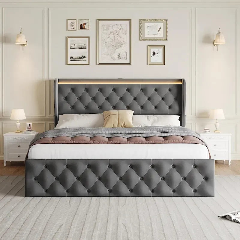 Velvet Upholstered Bed Frame with Wingback Headboard
