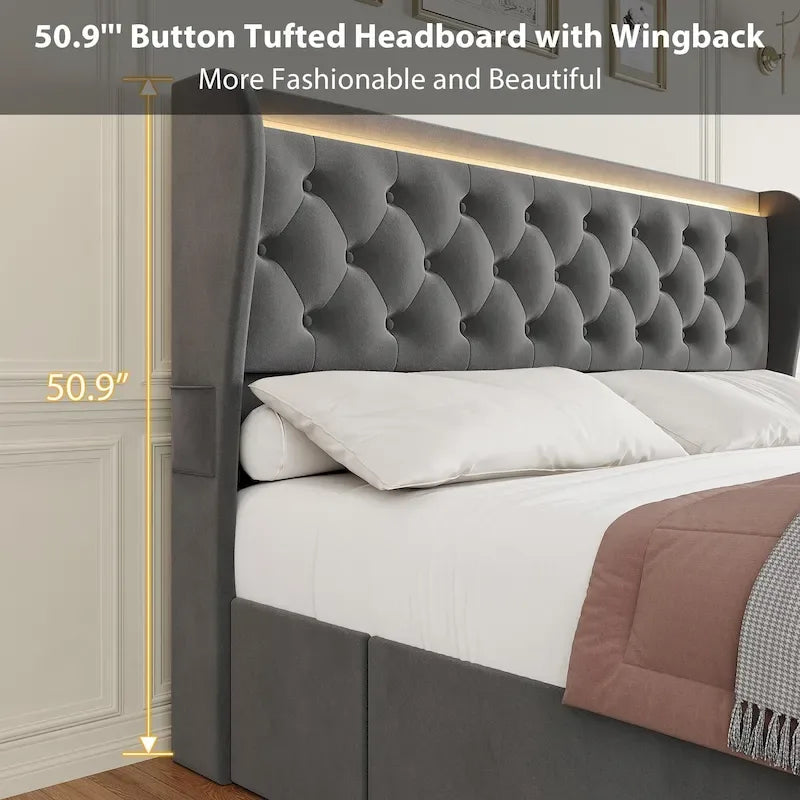 Velvet Upholstered Bed Frame with Wingback Headboard