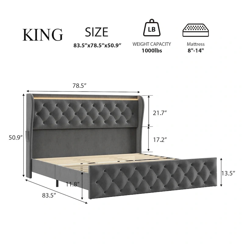Polsterbettgestell aus Samt mit Wingback-Kopfteil