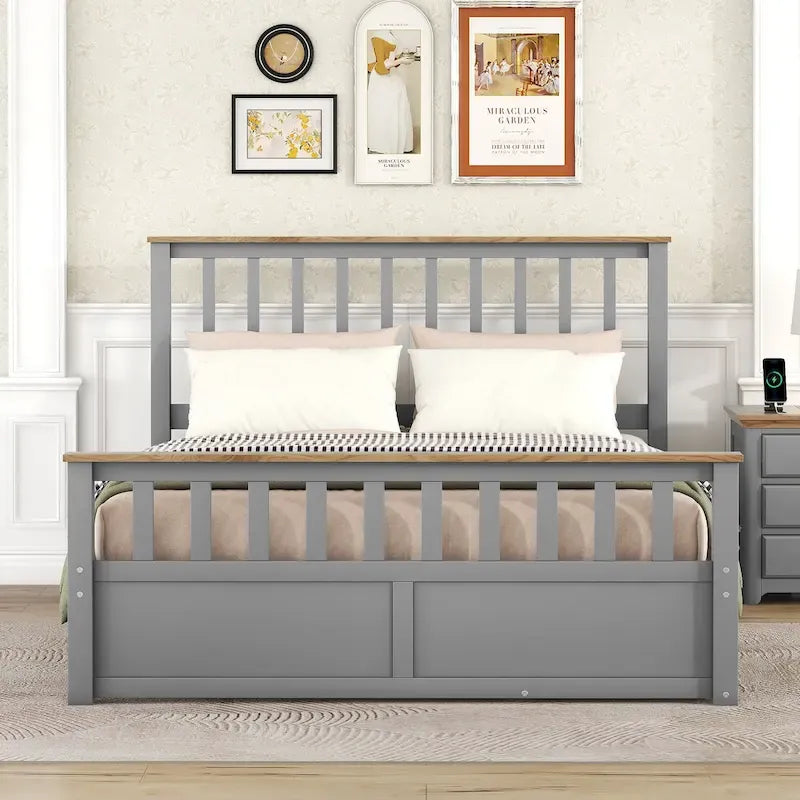 Grey Queen Platform Bed in Natural Pine with Drawers and Wooden Headboard