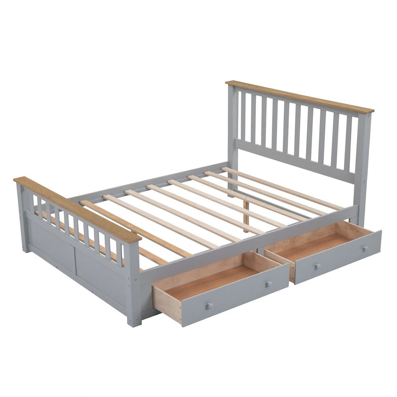 Grijs queensize platformbed van naturel grenenhout met laden en houten hoofdbord