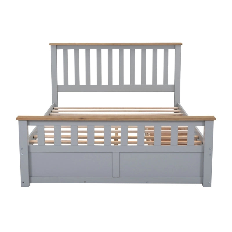 Grijs queensize platformbed van naturel grenenhout met laden en houten hoofdbord