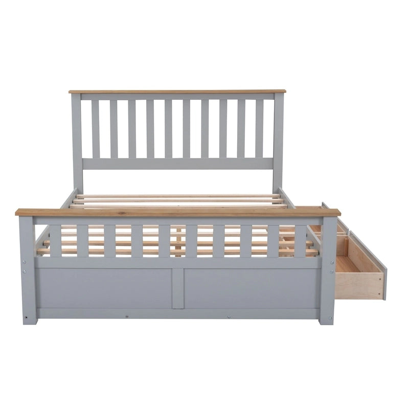 Grijs queensize platformbed van naturel grenenhout met laden en houten hoofdbord