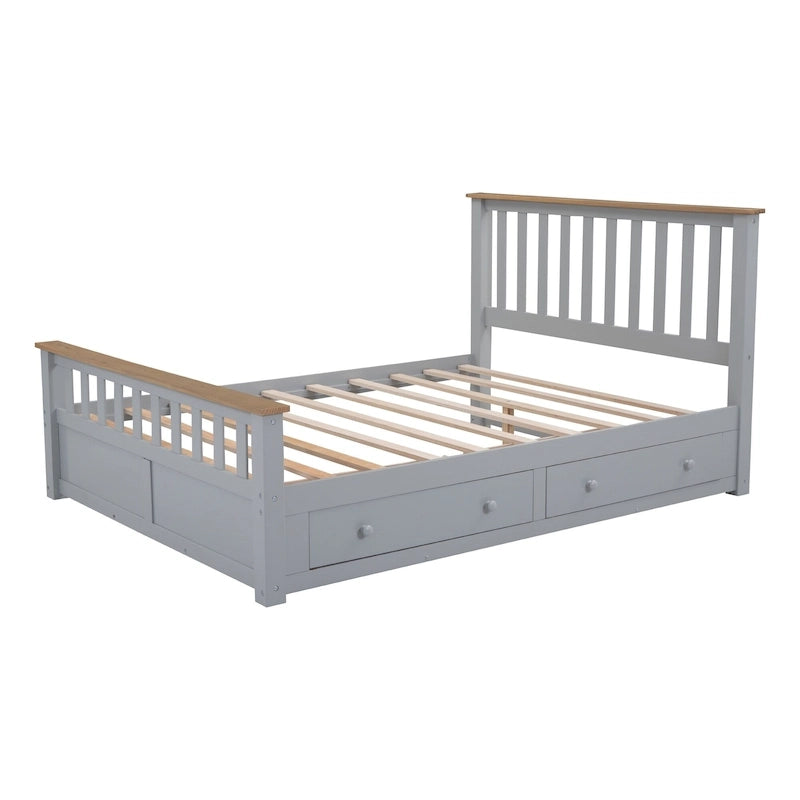 Grijs queensize platformbed van naturel grenenhout met laden en houten hoofdbord