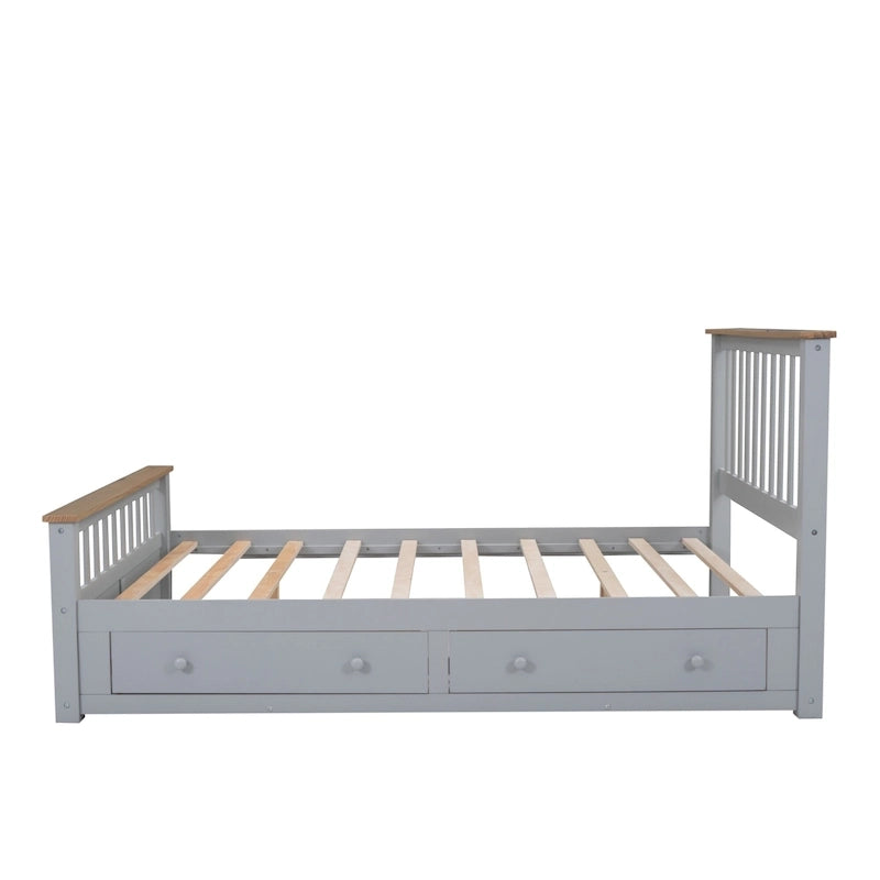 Grijs queensize platformbed van naturel grenenhout met laden en houten hoofdbord