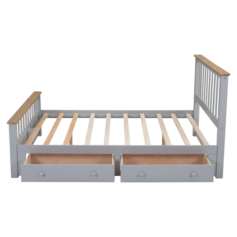 Grijs queensize platformbed van naturel grenenhout met laden en houten hoofdbord