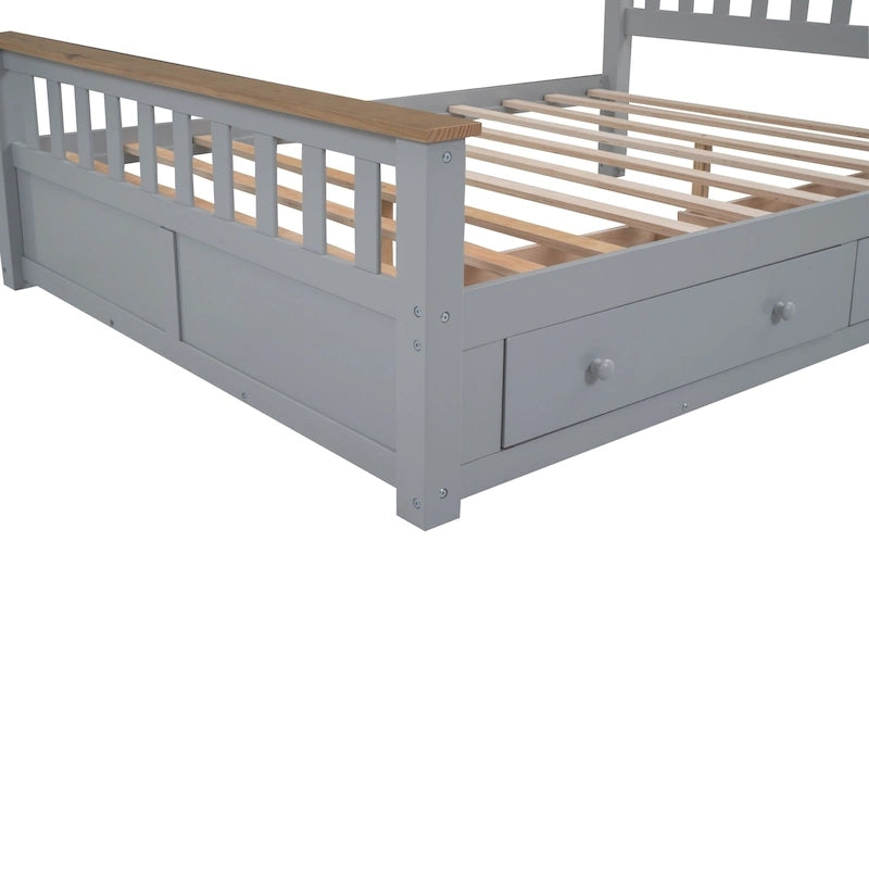 Grijs queensize platformbed van naturel grenenhout met laden en houten hoofdbord