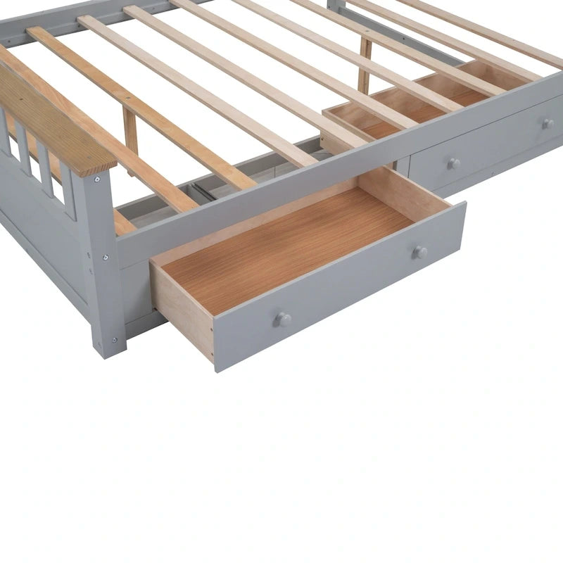 Grijs queensize platformbed van naturel grenenhout met laden en houten hoofdbord