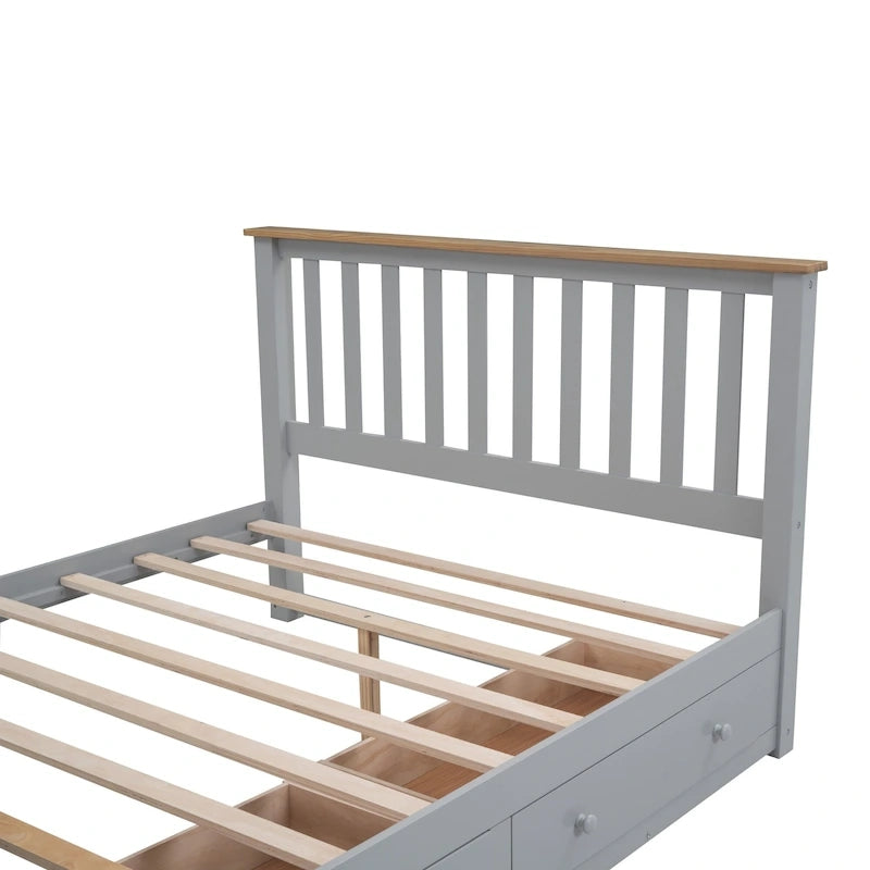Grijs queensize platformbed van naturel grenenhout met laden en houten hoofdbord