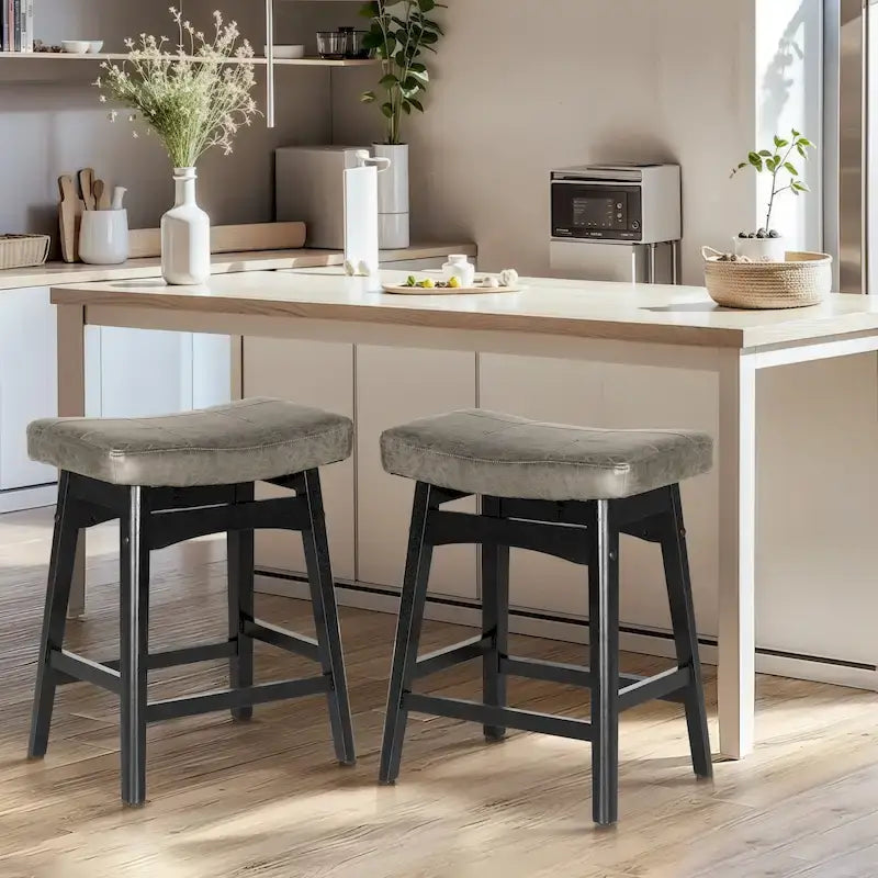 24 Inch Solid Wood Barstools with Linen / PU Leather Fabric Cushion, Set of 2