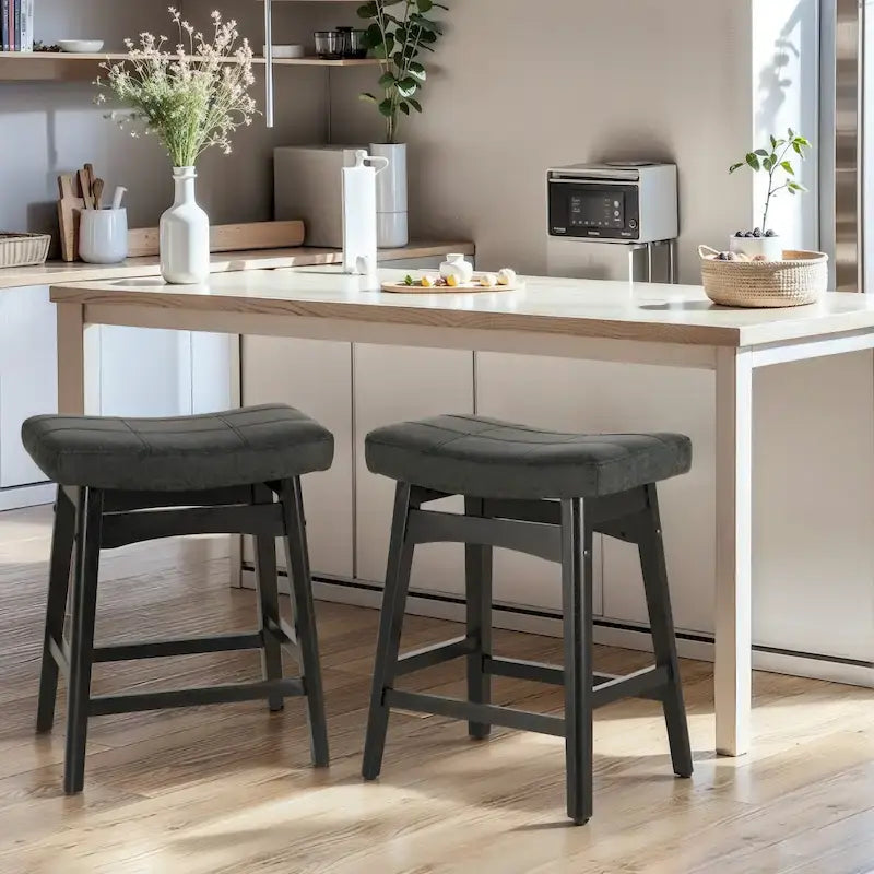 24 Inch Solid Wood Barstools with Linen / PU Leather Fabric Cushion, Set of 2