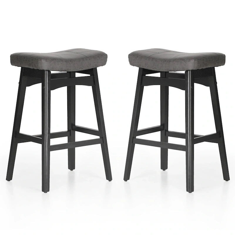 24 Inch Solid Wood Barstools with Linen / PU Leather Fabric Cushion, Set of 2