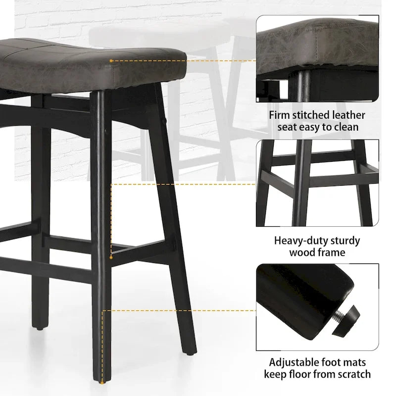 24 Inch Solid Wood Barstools with Linen / PU Leather Fabric Cushion, Set of 2