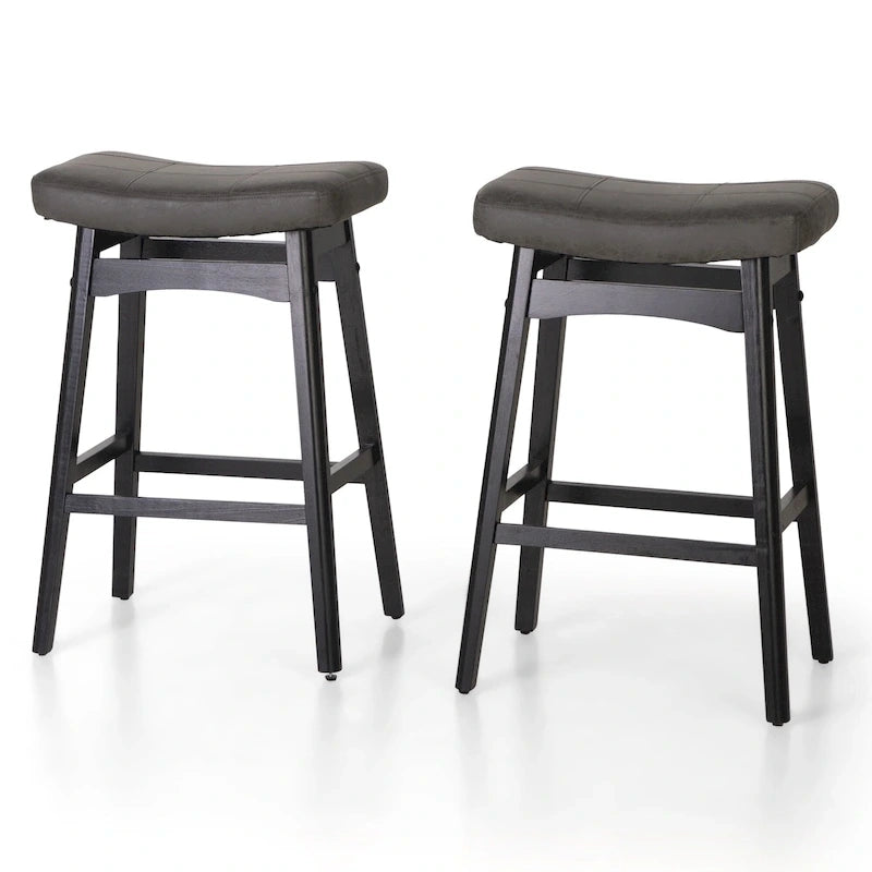 24 Inch Solid Wood Barstools with Linen / PU Leather Fabric Cushion, Set of 2