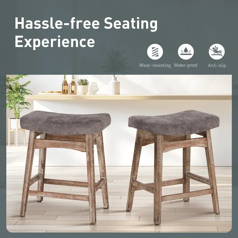 24 Inch Solid Wood Barstools with Linen / PU Leather Fabric Cushion, Set of 2
