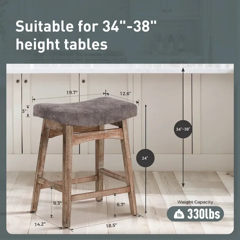 24 Inch Solid Wood Barstools with Linen / PU Leather Fabric Cushion, Set of 2