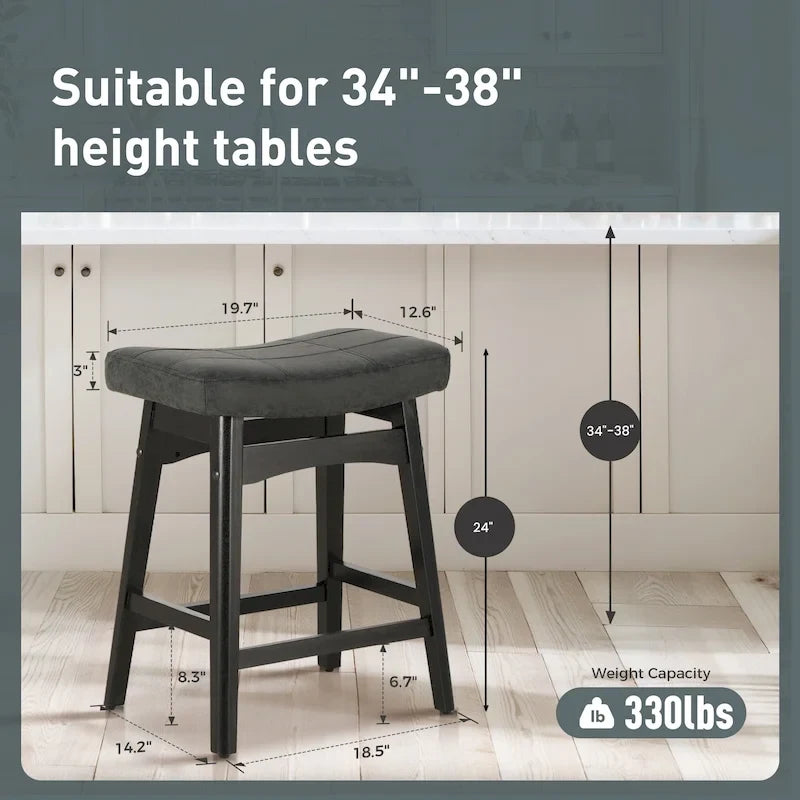 24 Inch Solid Wood Barstools with Linen / PU Leather Fabric Cushion, Set of 2