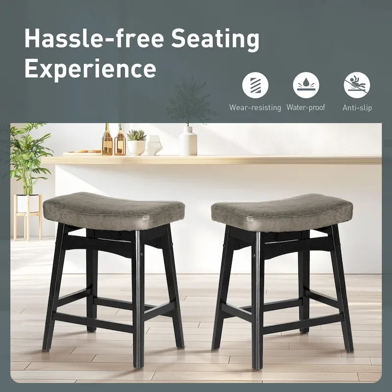 24 Inch Solid Wood Barstools with Linen / PU Leather Fabric Cushion, Set of 2