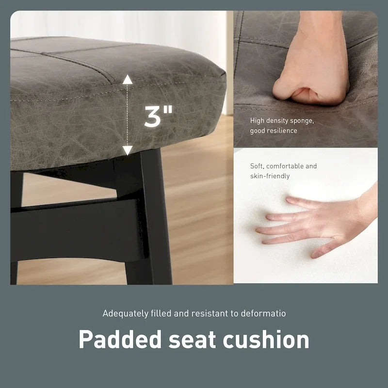 24 Inch Solid Wood Barstools with Linen / PU Leather Fabric Cushion, Set of 2