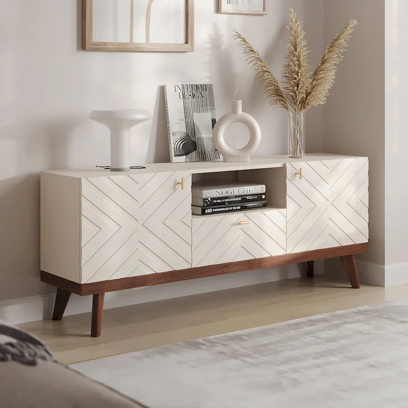 Beigefarbene TV-Konsole mit Schublade, passend für Fernseher bis 65 Zoll, mit Holzbeinen, modernes Mid-Century-Design