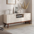 Beigefarbene TV-Konsole mit Schublade, passend für Fernseher bis 65 Zoll, mit Holzbeinen, modernes Mid-Century-Design