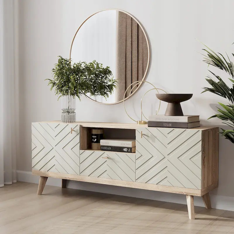 Beige TV Stand Console with Drawer Fits TV's up to 65 in. with Wood Legs Mid Century Modern Design