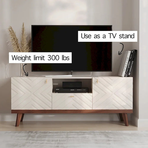 Beigefarbene TV-Konsole mit Schublade, passend für Fernseher bis 65 Zoll, mit Holzbeinen, modernes Mid-Century-Design