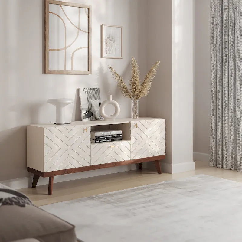Beigefarbene TV-Konsole mit Schublade, passend für Fernseher bis 65 Zoll, mit Holzbeinen, modernes Mid-Century-Design