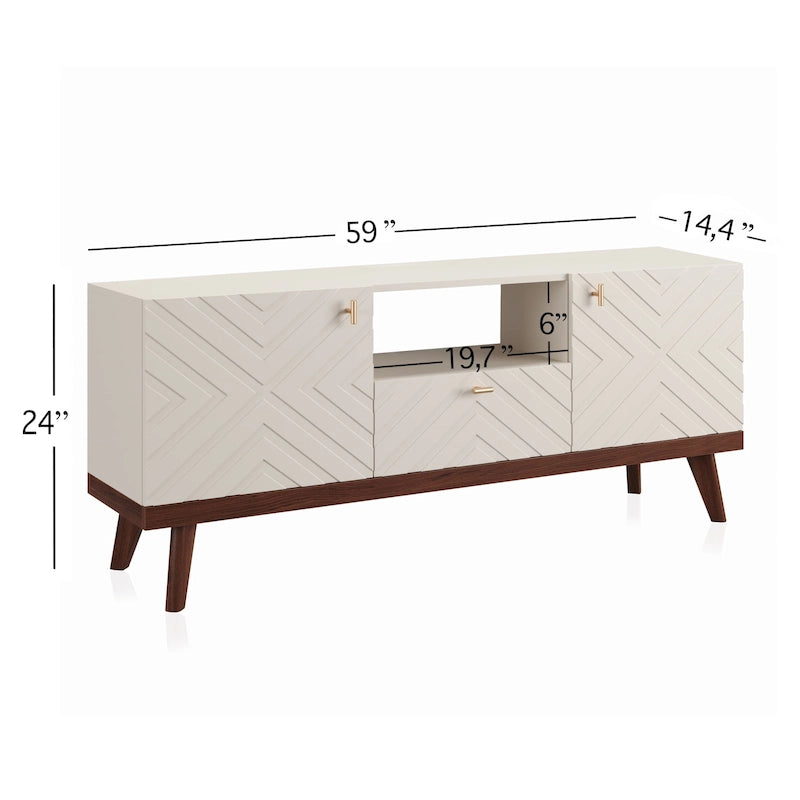 Beigefarbene TV-Konsole mit Schublade, passend für Fernseher bis 65 Zoll, mit Holzbeinen, modernes Mid-Century-Design