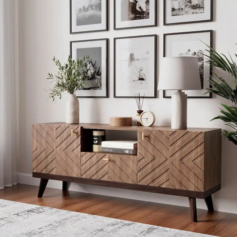 Beigefarbene TV-Konsole mit Schublade, passend für Fernseher bis 65 Zoll, mit Holzbeinen, modernes Mid-Century-Design