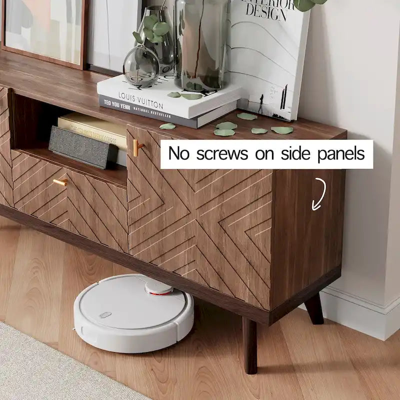 Beigefarbene TV-Konsole mit Schublade, passend für Fernseher bis 65 Zoll, mit Holzbeinen, modernes Mid-Century-Design