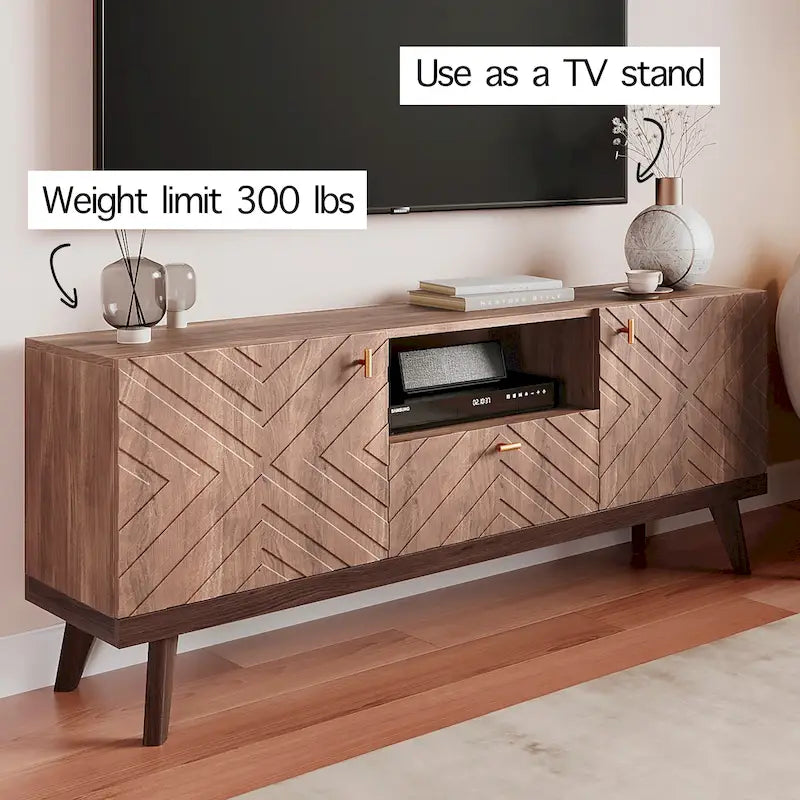 Beigefarbene TV-Konsole mit Schublade, passend für Fernseher bis 65 Zoll, mit Holzbeinen, modernes Mid-Century-Design