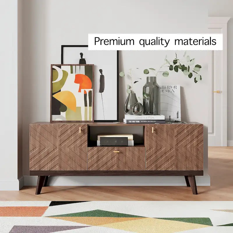 Beigefarbene TV-Konsole mit Schublade, passend für Fernseher bis 65 Zoll, mit Holzbeinen, modernes Mid-Century-Design