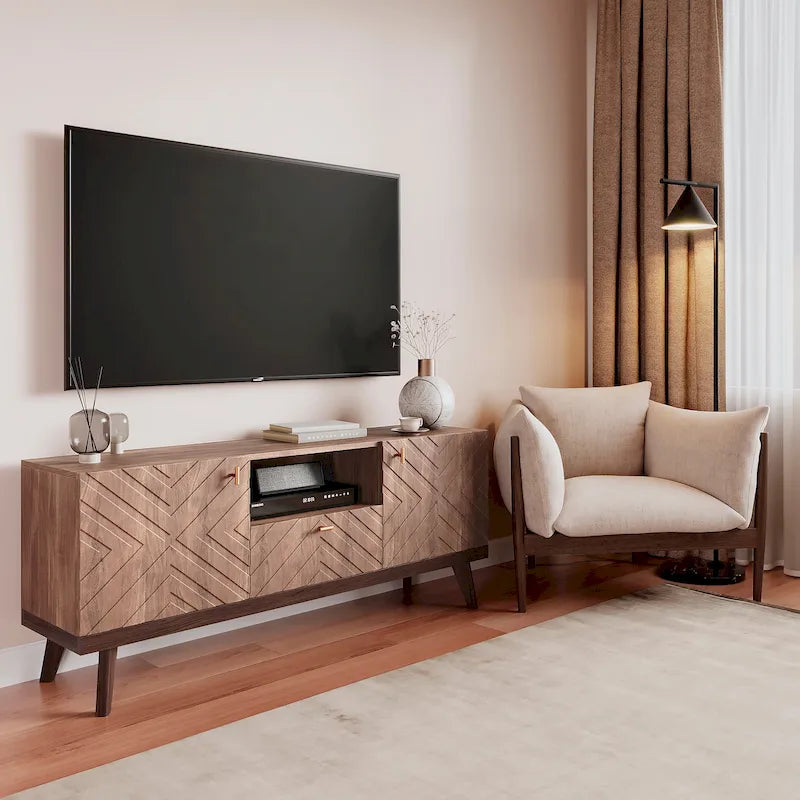 Beigefarbene TV-Konsole mit Schublade, passend für Fernseher bis 65 Zoll, mit Holzbeinen, modernes Mid-Century-Design
