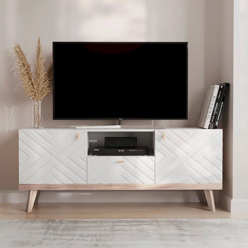 Beigefarbene TV-Konsole mit Schublade, passend für Fernseher bis 65 Zoll, mit Holzbeinen, modernes Mid-Century-Design
