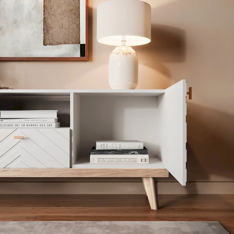Beigefarbene TV-Konsole mit Schublade, passend für Fernseher bis 65 Zoll, mit Holzbeinen, modernes Mid-Century-Design