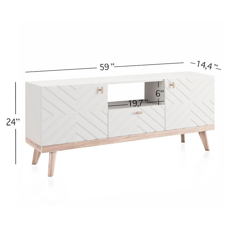 Beigefarbene TV-Konsole mit Schublade, passend für Fernseher bis 65 Zoll, mit Holzbeinen, modernes Mid-Century-Design