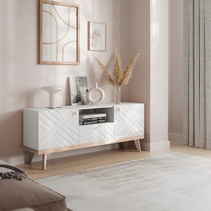 Beigefarbene TV-Konsole mit Schublade, passend für Fernseher bis 65 Zoll, mit Holzbeinen, modernes Mid-Century-Design