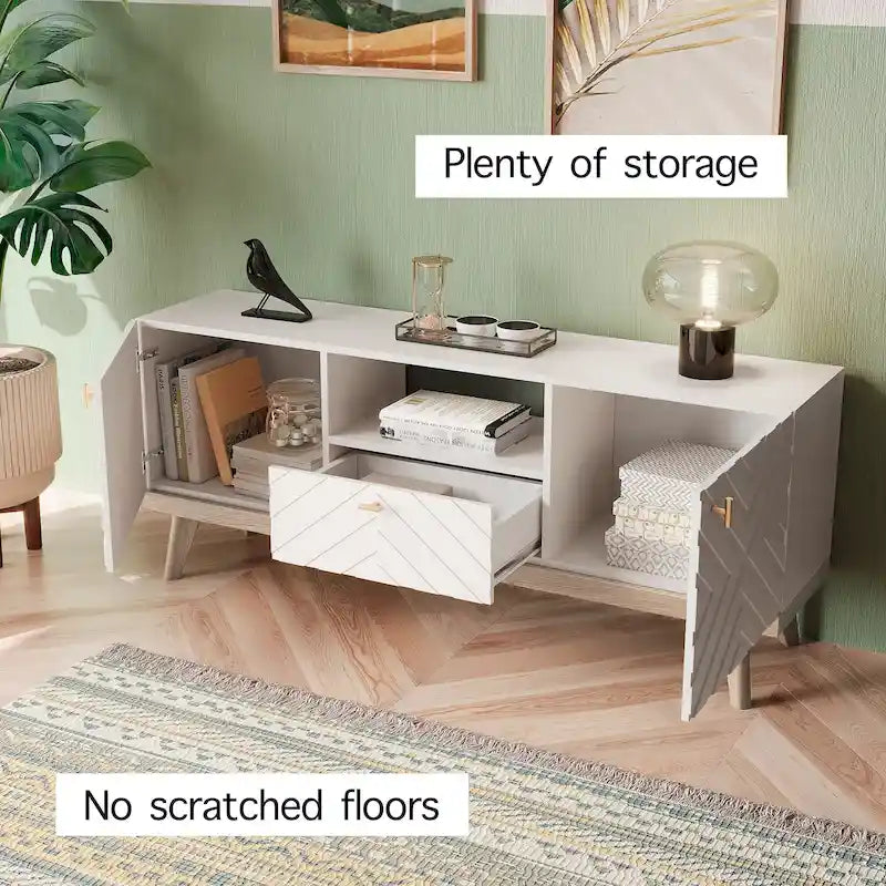 Beigefarbene TV-Konsole mit Schublade, passend für Fernseher bis 65 Zoll, mit Holzbeinen, modernes Mid-Century-Design