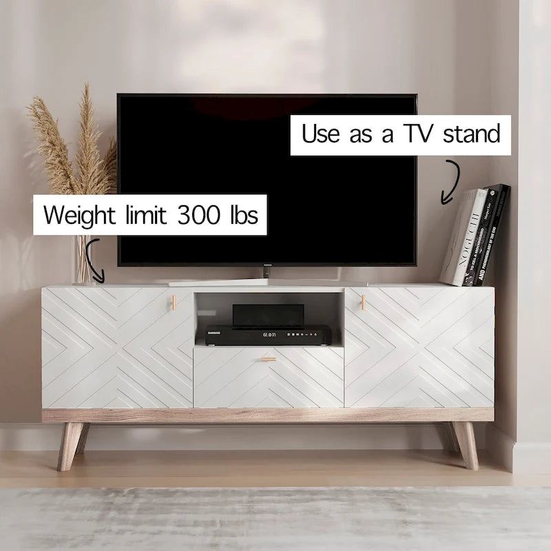 Beigefarbene TV-Konsole mit Schublade, passend für Fernseher bis 65 Zoll, mit Holzbeinen, modernes Mid-Century-Design