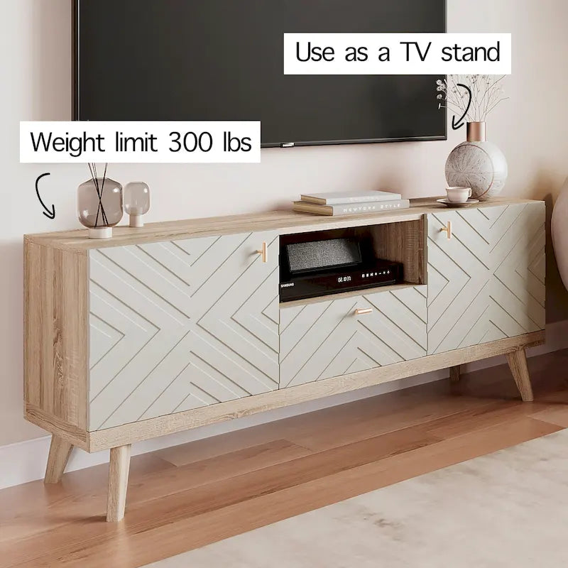 Beigefarbene TV-Konsole mit Schublade, passend für Fernseher bis 65 Zoll, mit Holzbeinen, modernes Mid-Century-Design