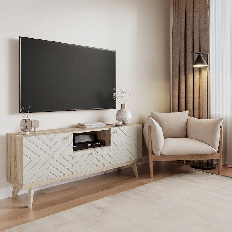 Beigefarbene TV-Konsole mit Schublade, passend für Fernseher bis 65 Zoll, mit Holzbeinen, modernes Mid-Century-Design