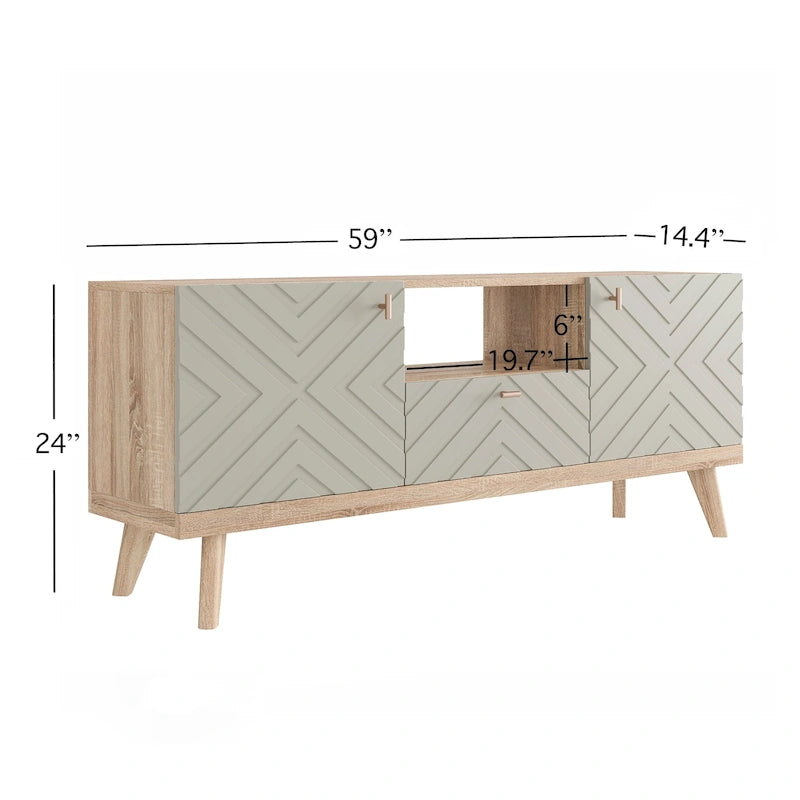 Beigefarbene TV-Konsole mit Schublade, passend für Fernseher bis 65 Zoll, mit Holzbeinen, modernes Mid-Century-Design