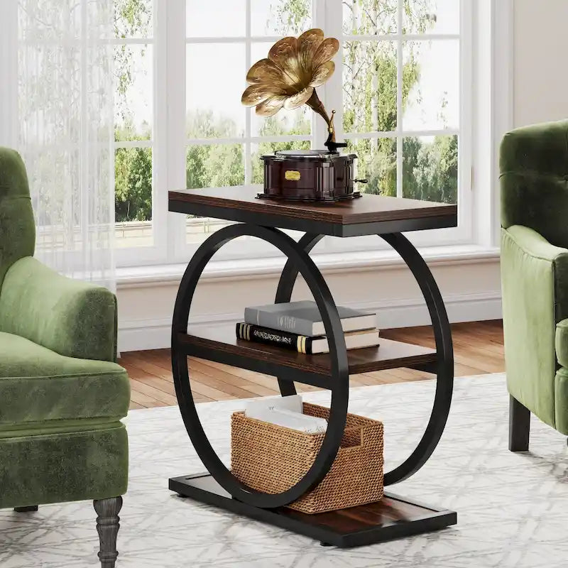 Narrow End Table with 3 Storage Shelves, Wood Side Table for Living Room