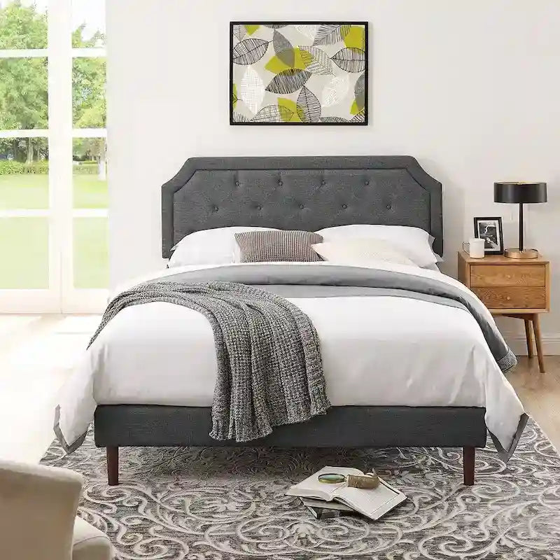 Tufted Upholstered Platform Bed Frame with Adjustable Height Headboard