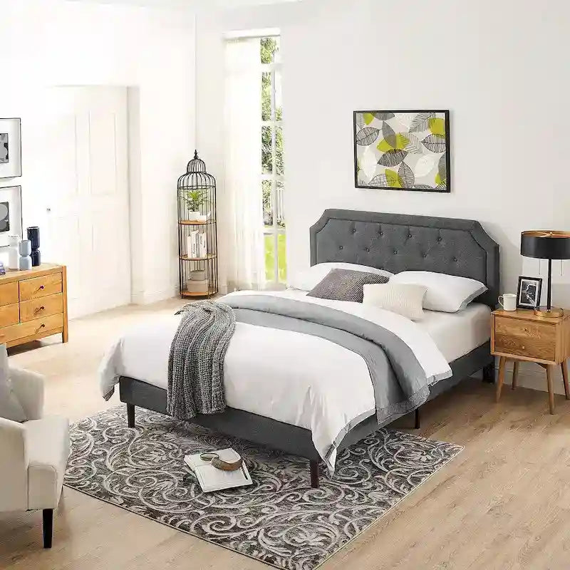 Tufted Upholstered Platform Bed Frame with Adjustable Height Headboard