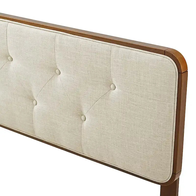 Traditional Beige Fabric Button Tufted Queen Size Walnut Wooden Headboard