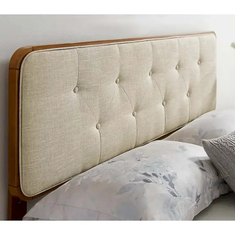 Traditional Beige Fabric Button Tufted Queen Size Walnut Wooden Headboard