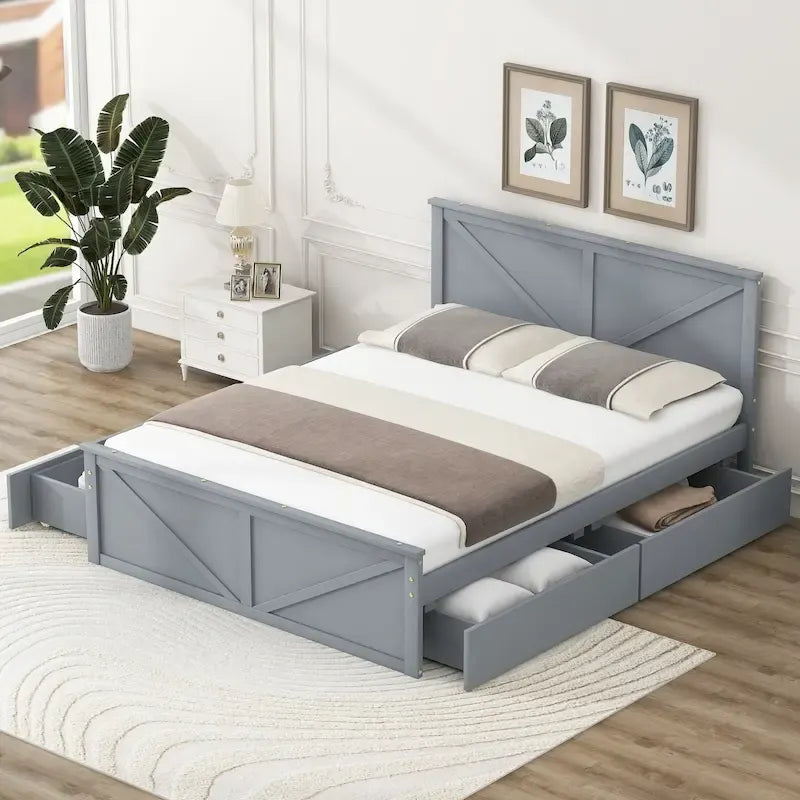 Houten queensize platformbed met vier opbergladen en steunpoten, grijs