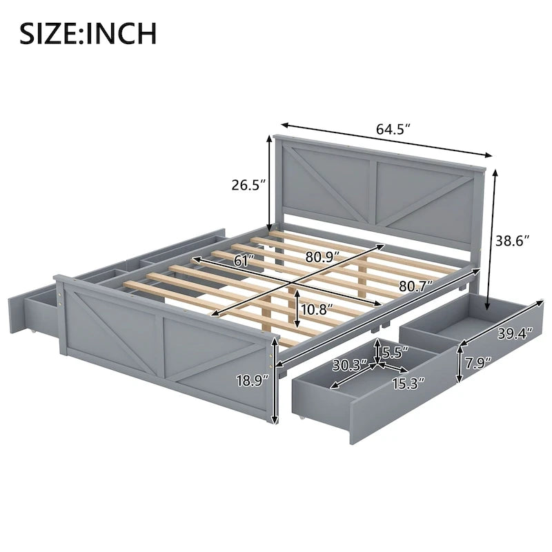 Queen Size Wooden Platform Bed with Four Storage Drawers and Support Legs, Gray